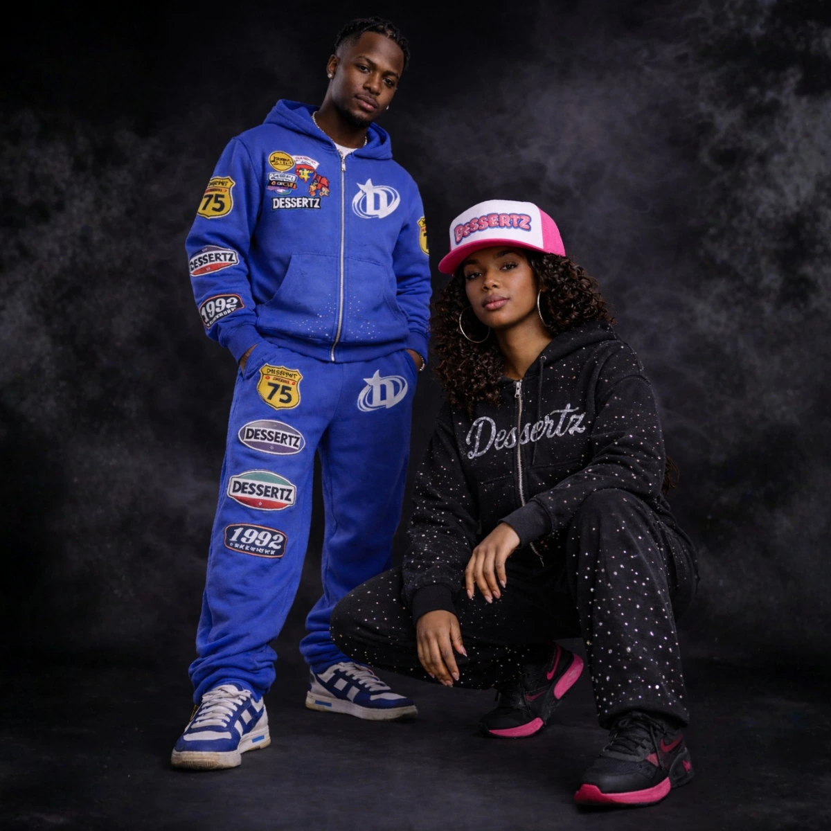 Dessertz hoodie streetwear in black pink purple and red with rhinestone logo detail